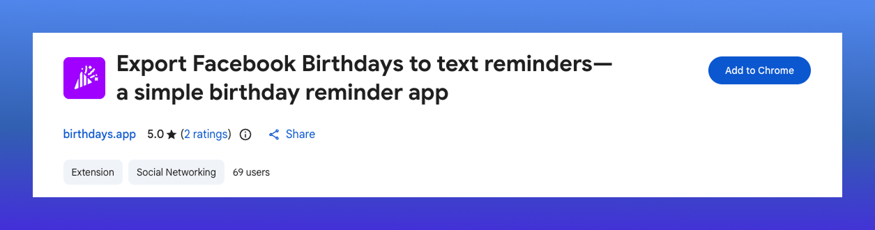 Chrome extension install screen for exporting Facebook birthdays